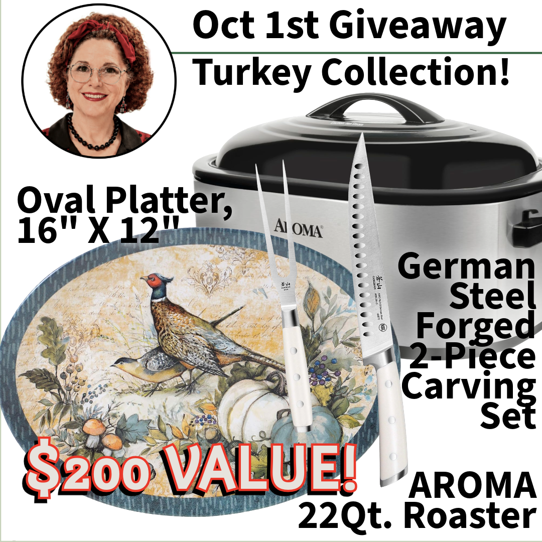 October 1st giveaway: the Turkey Collection, an oval platter, an AROMA 22-quart roaster and a two-piece carving set